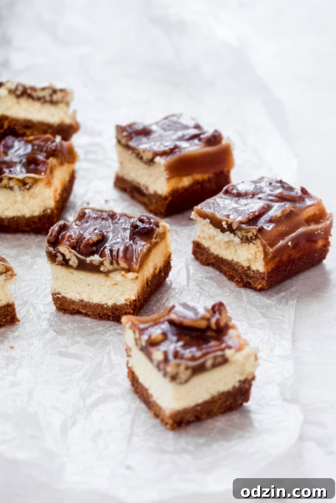 Close-up shot of several pecan pie cheesecake bars arranged on parchment paper, highlighting their distinct layers