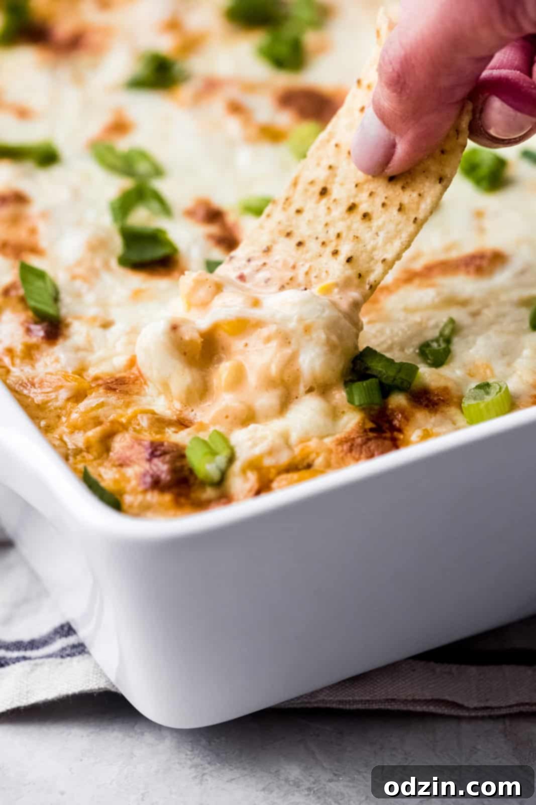 close up of hand lifting creamy shrimp corn dip with tortilla chip
