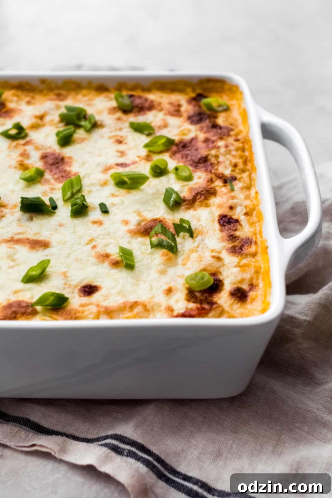 baked hot chipotle shrimp corn dip in white dish with dish towel on grey surface