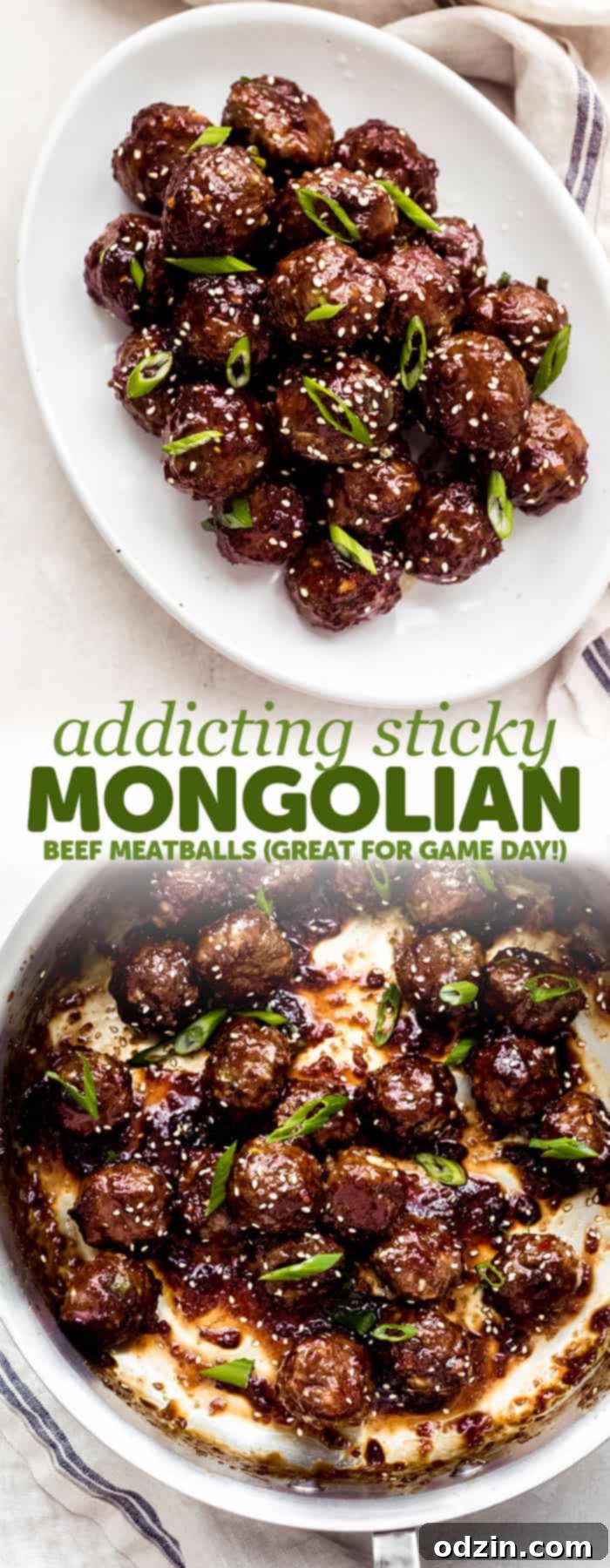Sweet and Sticky Mongolian Beef Meatballs 11 long image with two images combined with words for the sole purpose of pinning on Pinterest