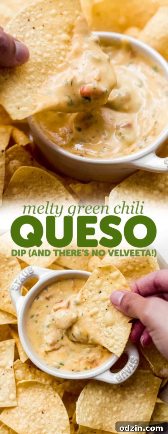 Zesty Texas Green Chili Queso 11 long image with two images combined with words for the sole purpose of pinning on Pinterest