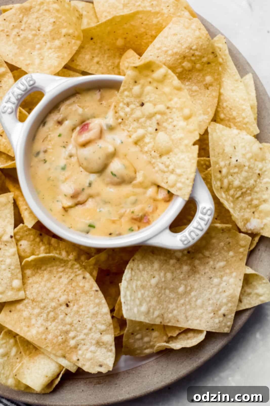 Zesty Texas Green Chili Queso 4 warm bowl with queso with a chip resting on the bowl