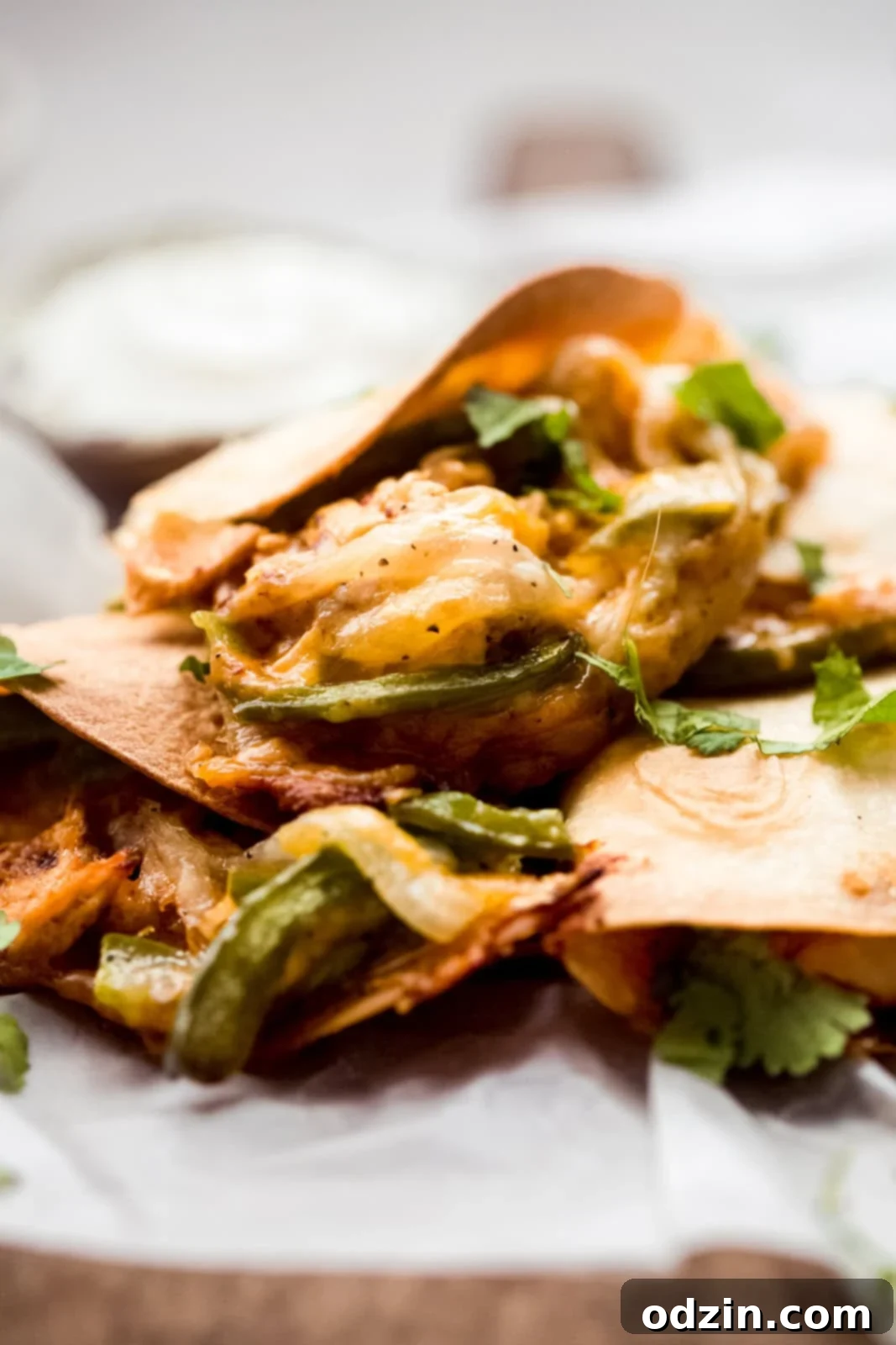 Oven-Crisped Chicken Quesadillas 3 close up of baked chicken quesadillas