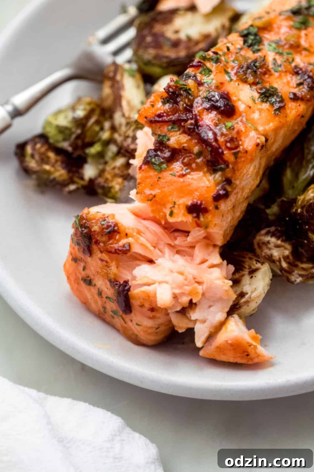 Close-up of flaky Honey Chipotle Salmon on a plate, showing the rich texture and glaze