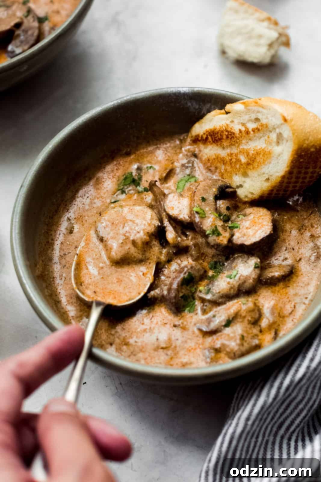 Rich & Comforting Hungarian Mushroom Soup 3 green bowl with prepared mushroom soup on a spoon