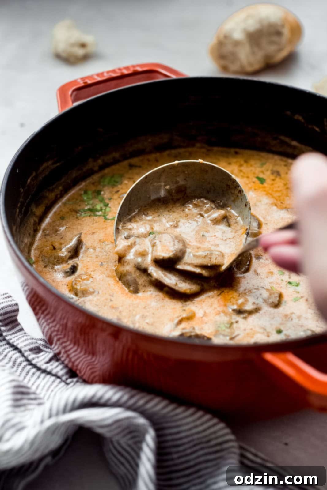 Rich & Comforting Hungarian Mushroom Soup 8 ladle in orange cast iron pot with mushroom soup