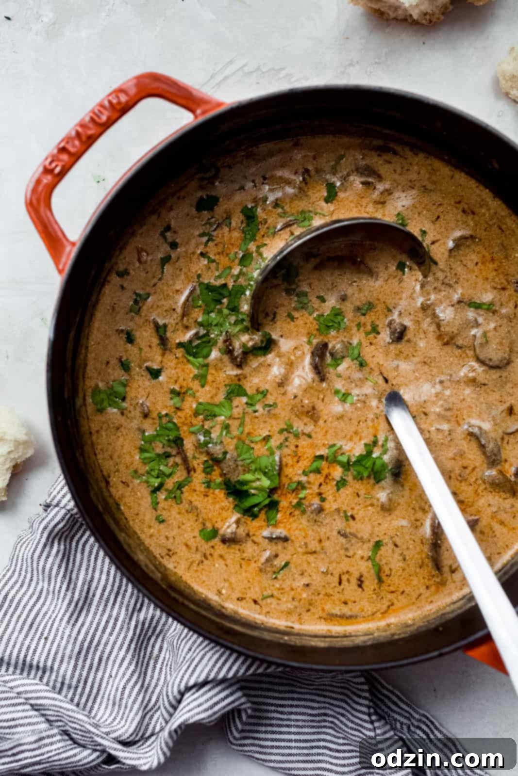 Rich & Comforting Hungarian Mushroom Soup 9 mushroom soup topped with parsley in a cast iron pot with ladle