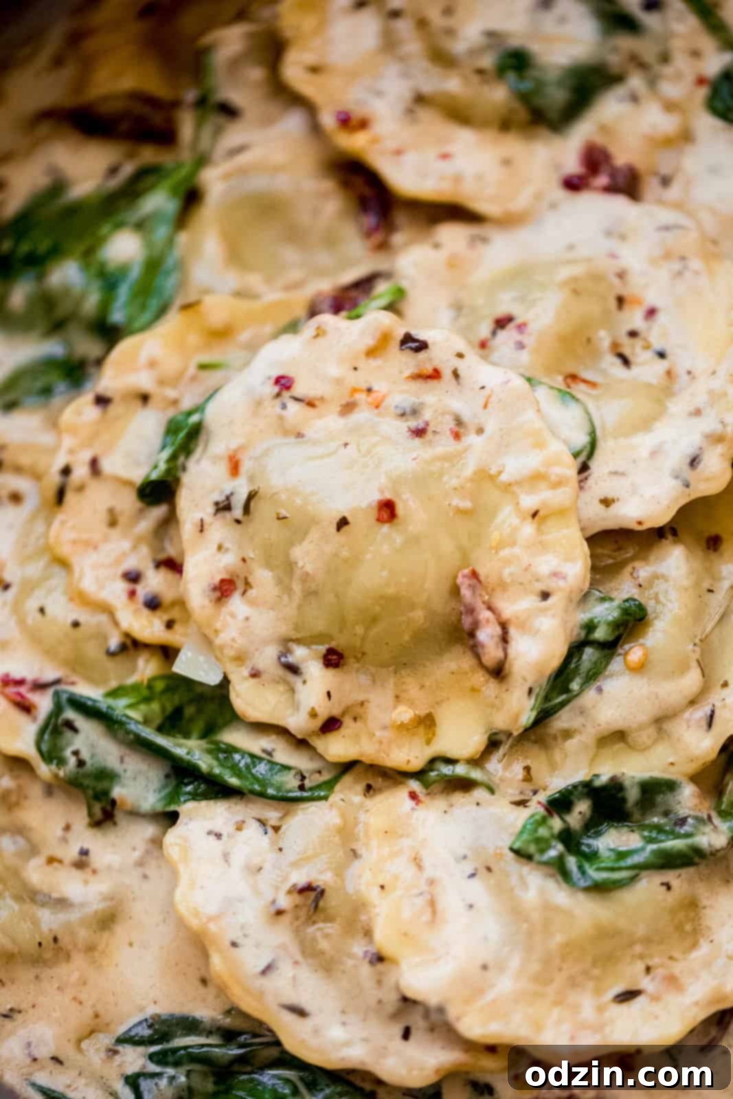 Creamy Tuscan Ravioli For An Unforgettable Date Night 3 close up of ravioli in sauce with spinach topped with red pepper flakes
