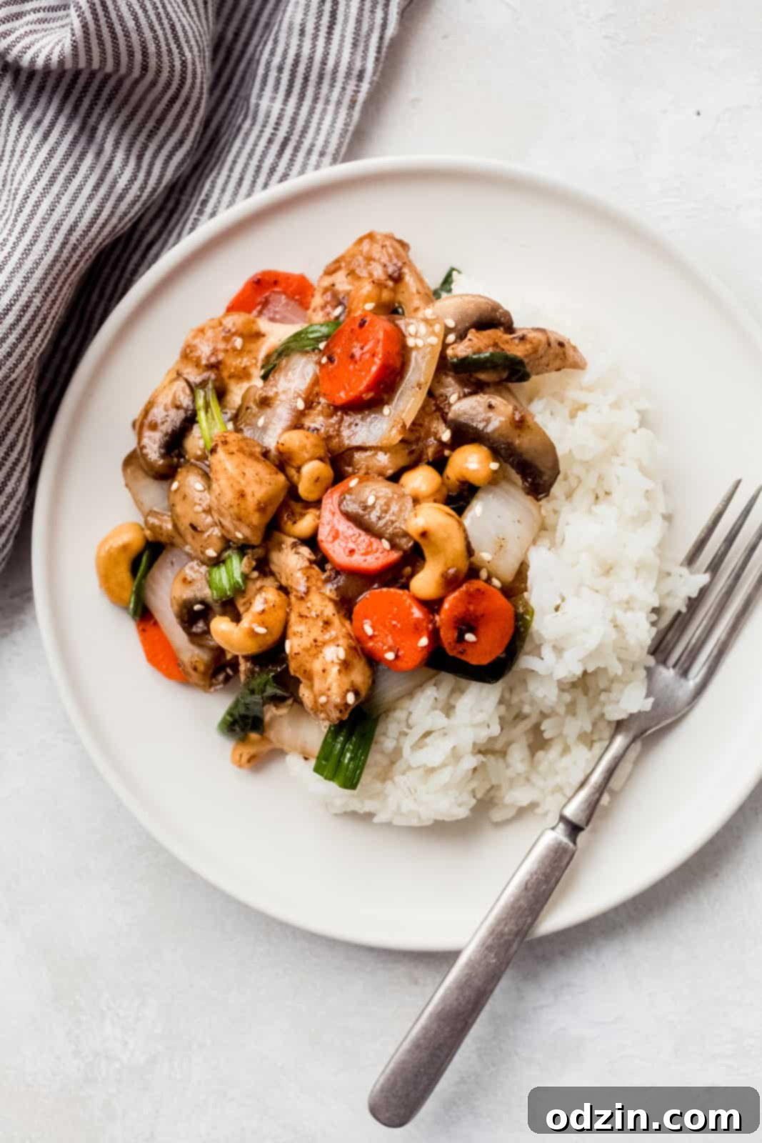 Effortless Thai Cashew Chicken That Outshines Takeout 8 A beautifully plated dish of Thai Cashew Chicken alongside fluffy jasmine rice, with a fork, ready for a delicious meal.