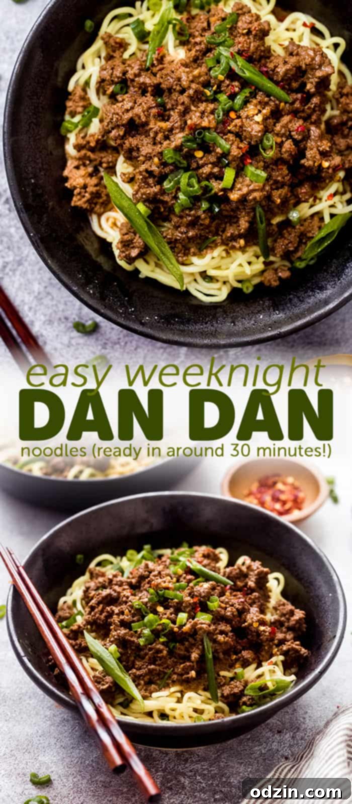 long pin for pinterest with two different dan dan noodles images