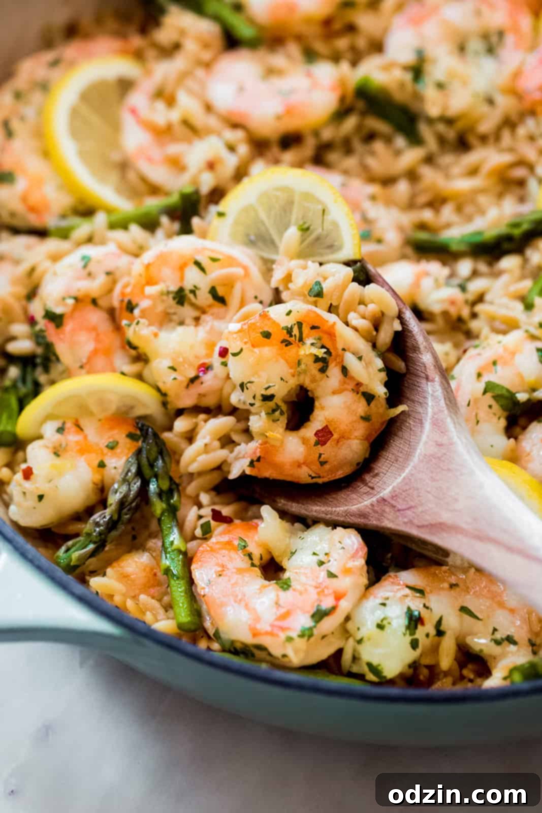 Orzo Shrimp Scampi with Asparagus wooden spoonful of shrimp and orzo side shot
