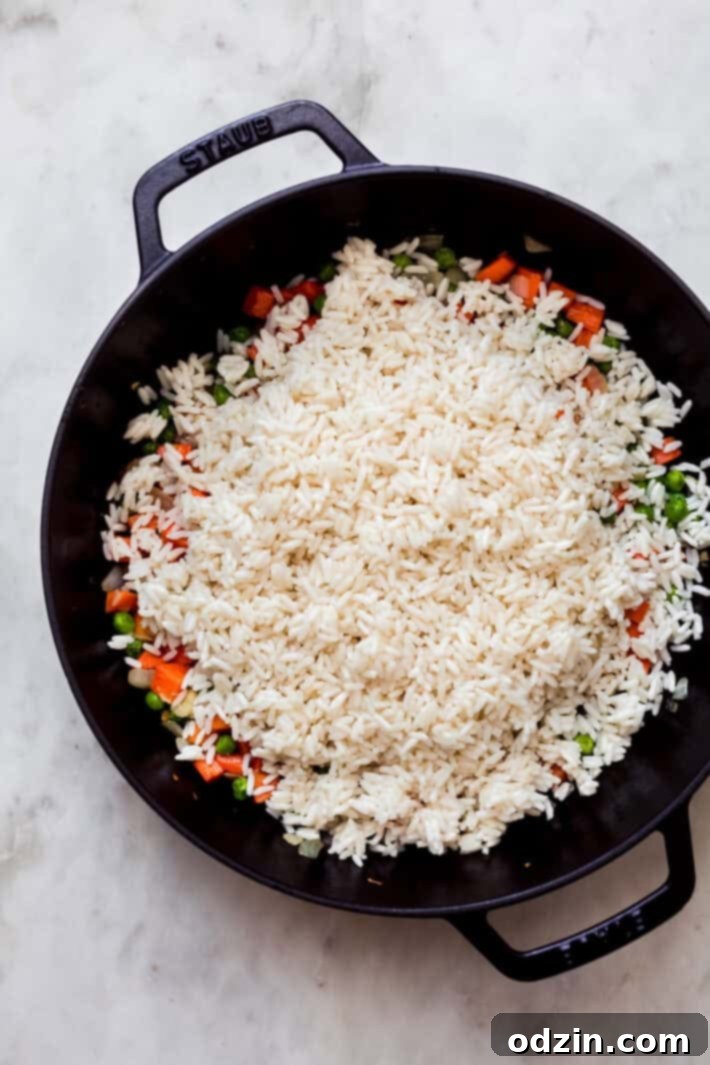 white rice added over veggies