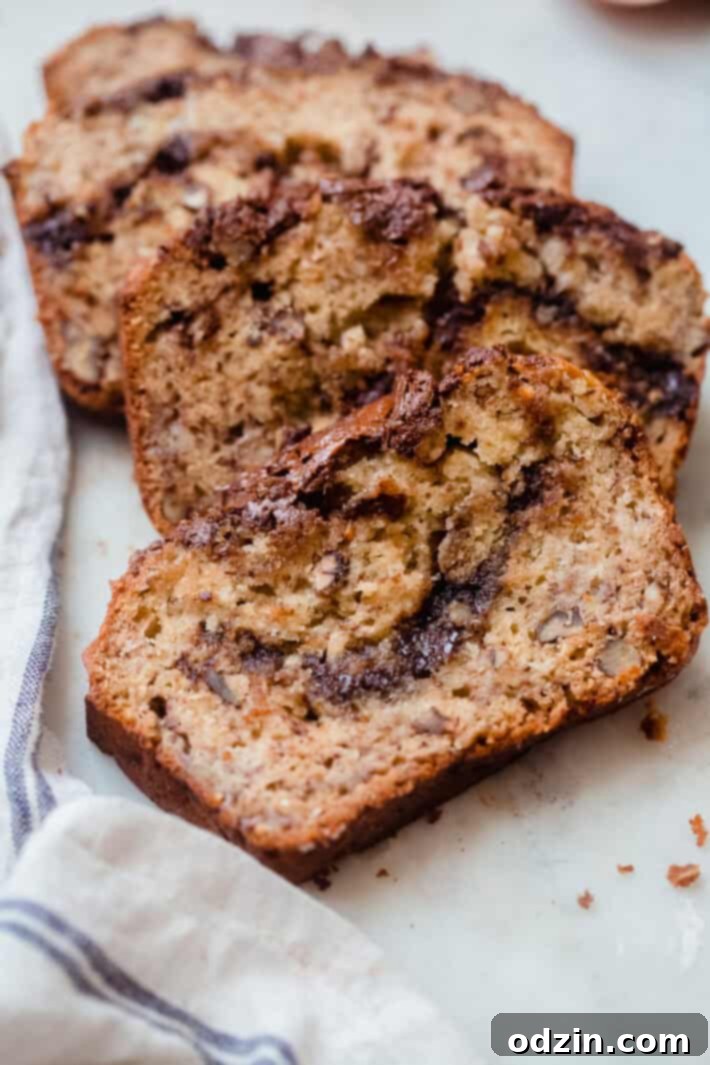 close up of sliced nutella banana bread