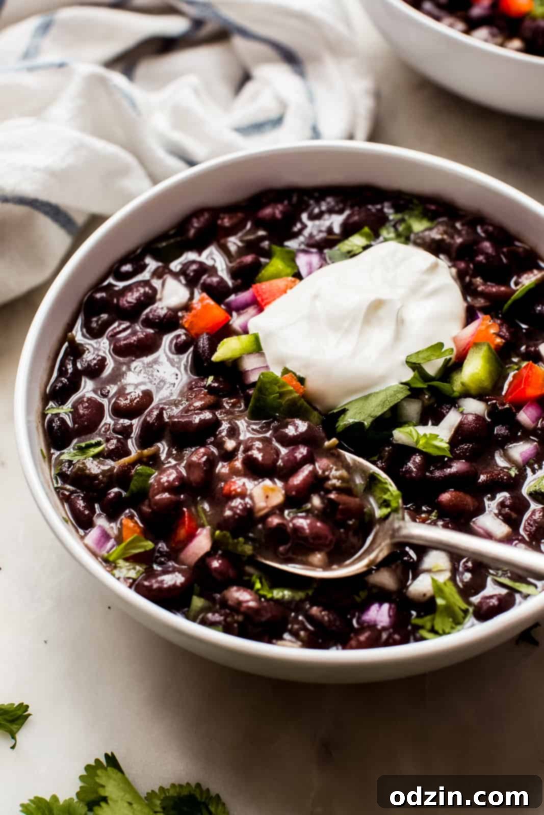 side shutoff black bean soup in bowl on a spoon