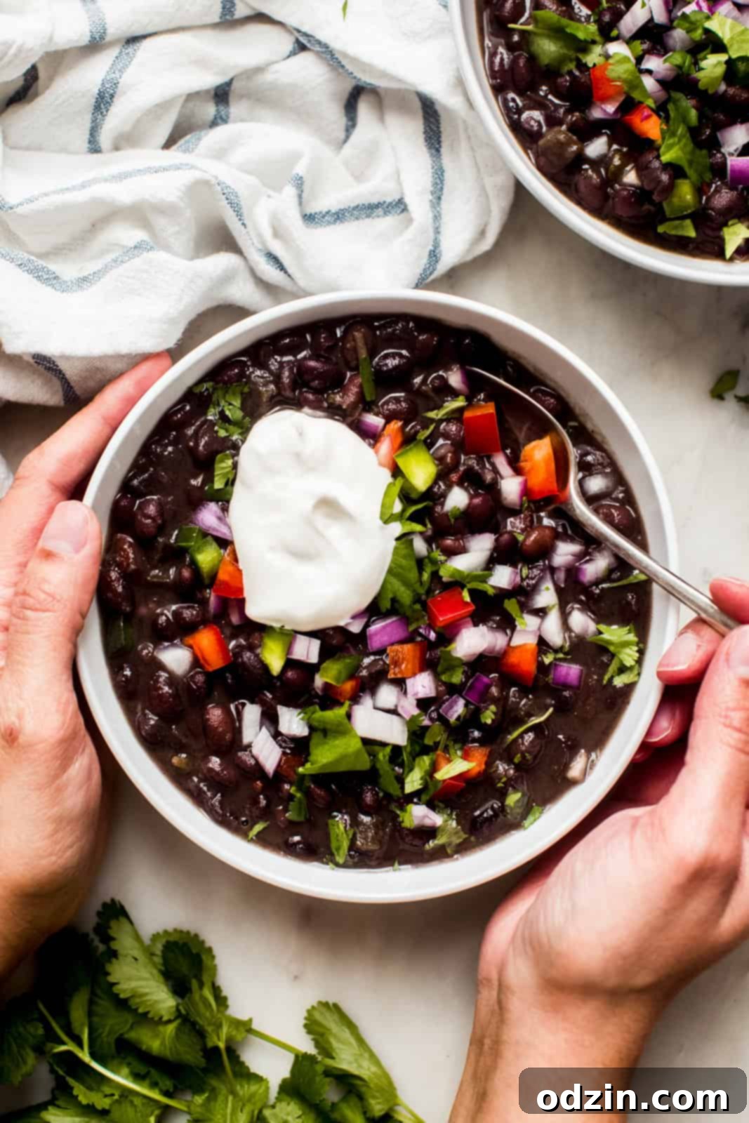 hands around a black bean soup bowl holding spoon