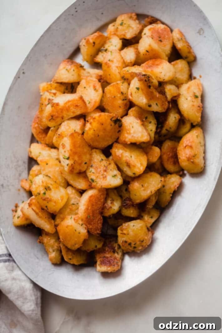 Crispy Garlic Oven Potatoes 6 crispy roasted potatoes on a metal plate