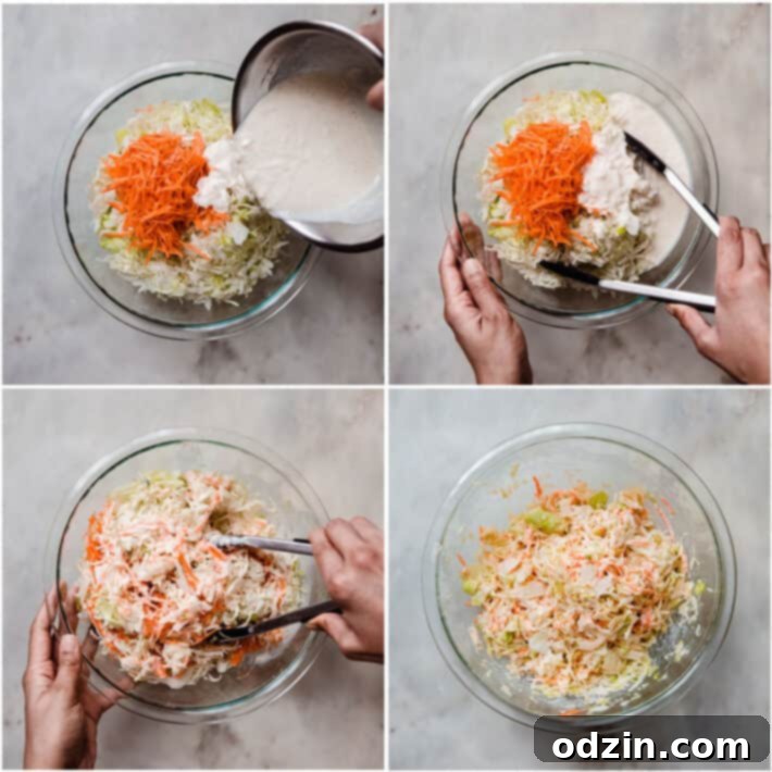 The Perfect Summer Coleslaw 5 the process of dressing coleslaw. From pouring the dressing to tossing the salad