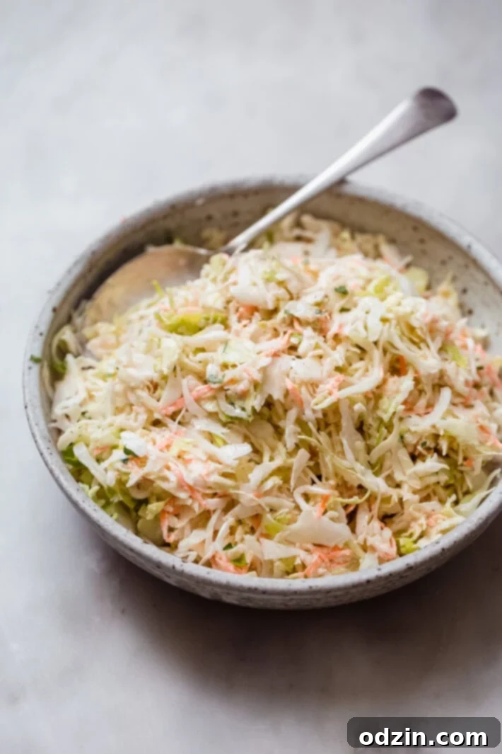 The Perfect Summer Coleslaw 8 side shot of prepared coleslaw recipe in grey speckled bowl with a spoon for serving