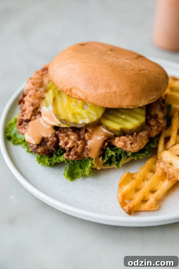 Signature Pickle Crunch Chicken Sandwich 8 Sandwich with sauce and pickles on plate with fries