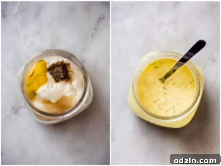 Crave-Worthy Macaroni Salad 5 two images showing before and after mixing for macaroni salad dressing