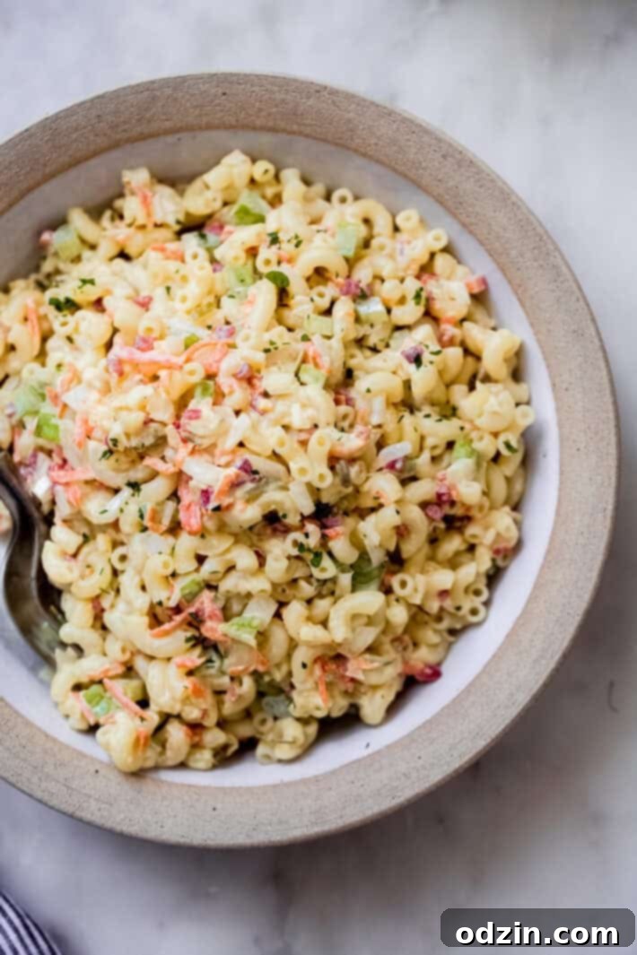 Crave-Worthy Macaroni Salad 10 rimmed deep plate holding prepared macaroni salad