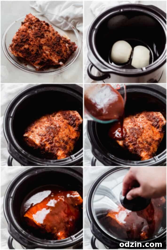 six pictures showing rub, sauce pouring, and slow cooking beef brisket