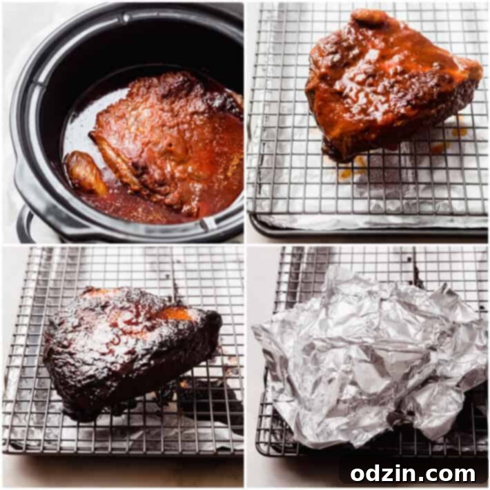 four images showing process, brisket in slow cooker, on sheet pan, after baking, covered with foil