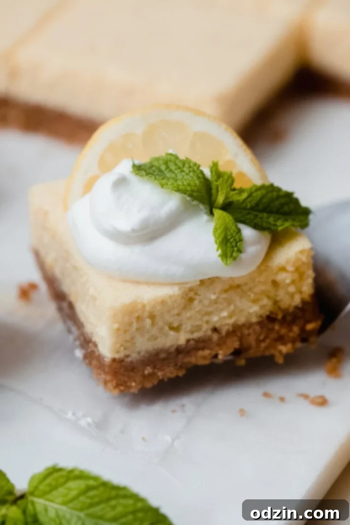 close up of lemon square with whipped cream, mint, and lemon slice