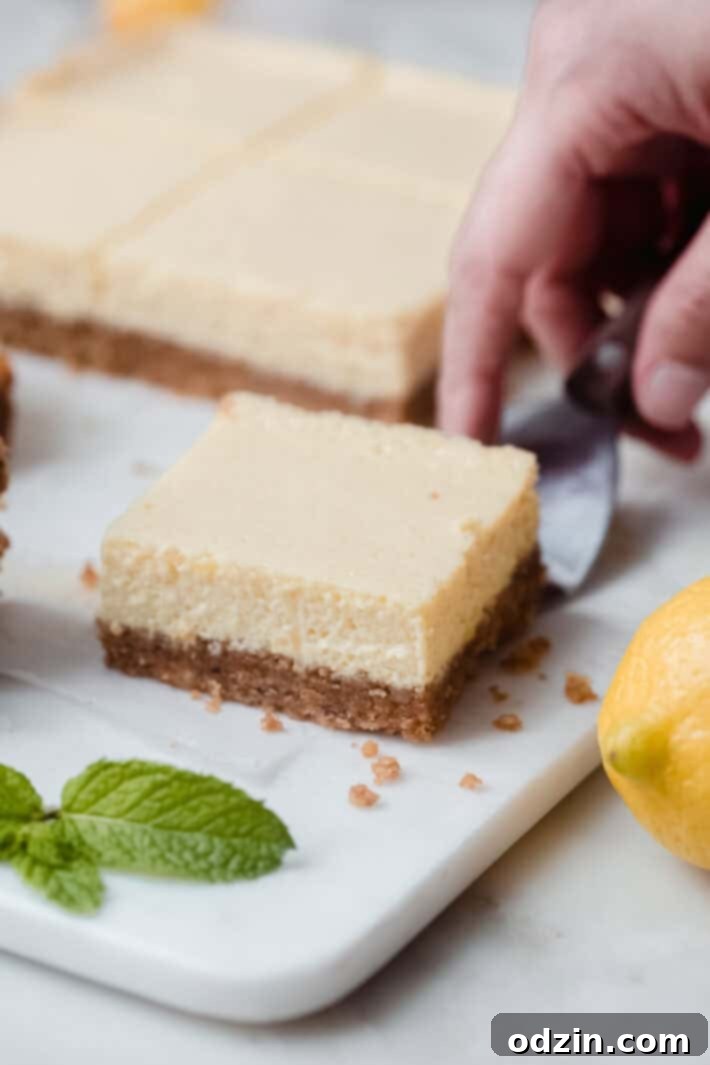 a lemon bar on spatula showing clean cuts on all four sides 