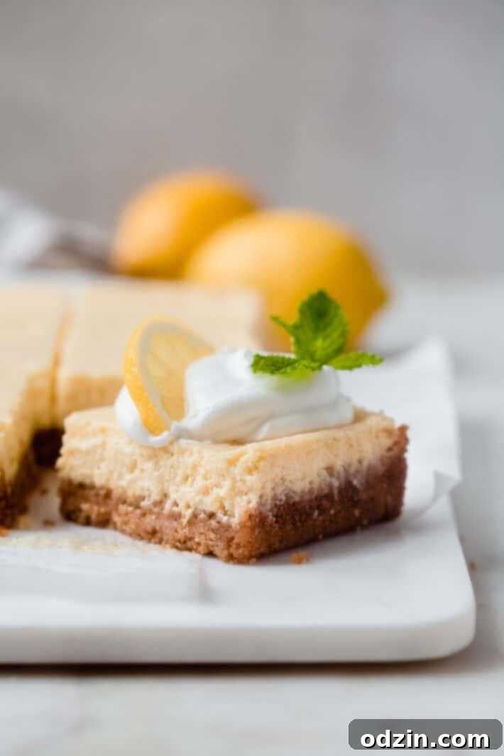 shot showing crumb texture and filling for lemon squares on marble surface