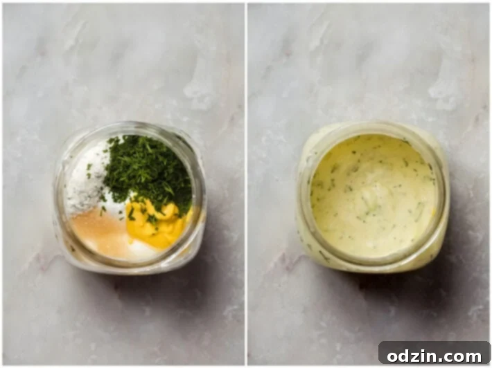 two images showing sour cream ranch dressing before and after whisking