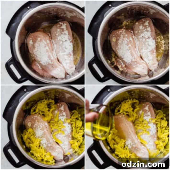 Zesty 5-Ingredient Pepperoncini Chicken 4 Four images showing the step-by-step process of adding ingredients: chicken with ranch, minced garlic, pepperoncini peppers, and pouring in pepperoncini liquid into an Instant Pot