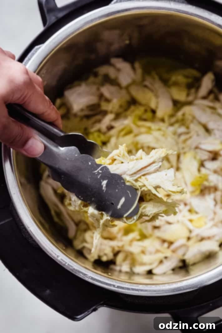 Zesty 5-Ingredient Pepperoncini Chicken 5 Shredded pepperoncini chicken being lifted from the Instant Pot with tongs, showcasing its tender texture