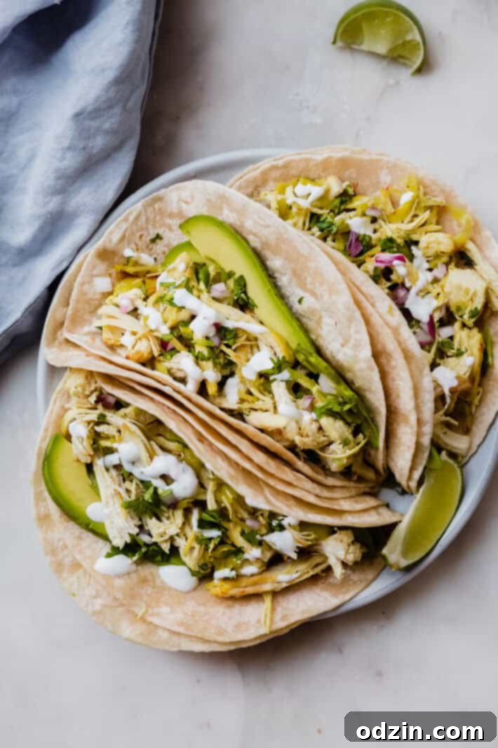 Zesty 5-Ingredient Pepperoncini Chicken 7 Three delicious pepperoncini chicken tacos on a plate, loaded with sliced avocados, minced red onions, and drizzled with sour cream