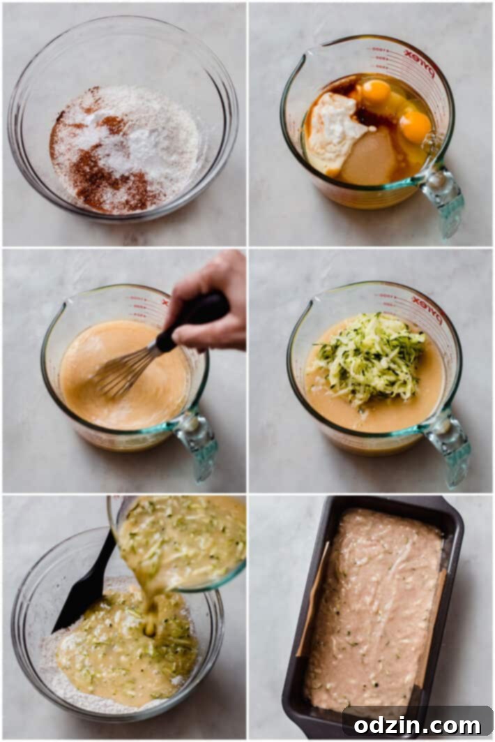 A series of six step-by-step images demonstrating the mixing process of zucchini bread batter, from combining ingredients to final pour into the pan.