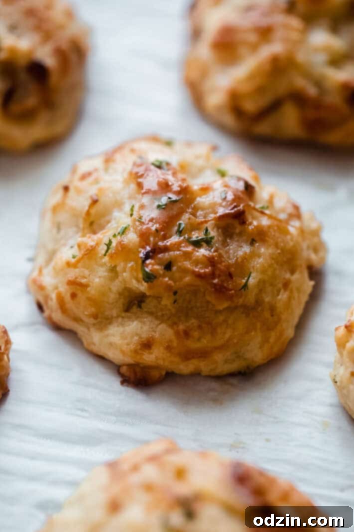 Close-up view of a baked Gruyere drop biscuit, showing its golden crust and cheesy interior