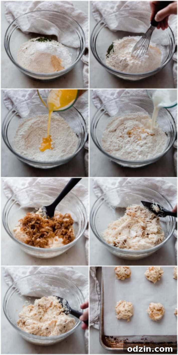 Step-by-step process of mixing the dough for Gruyere drop biscuits, showing ingredients being combined
