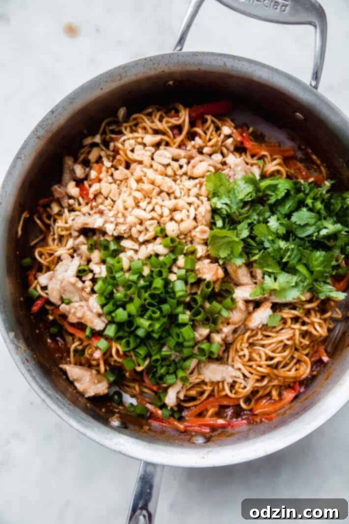 noodles in pan topped with chopped peanuts, green onions, cilantro before tossing