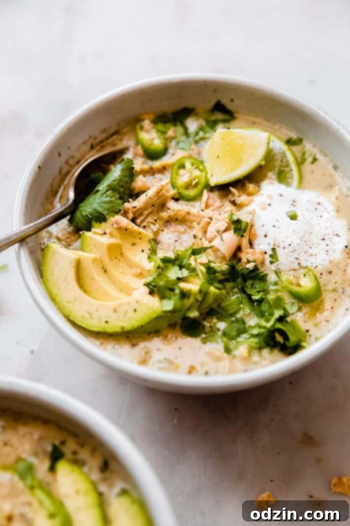 Another perspective of the creamy white chicken chili in a bowl