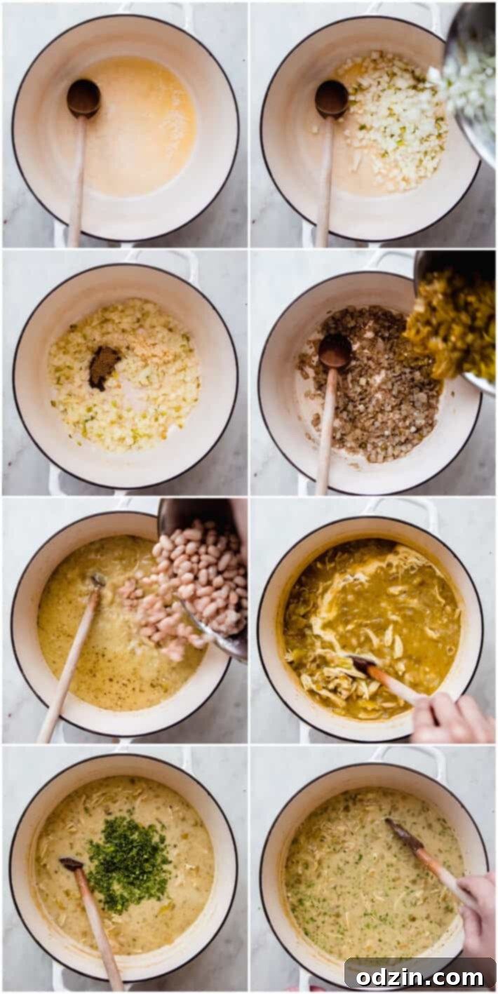 Close-up of the creamy white chicken chili, showing texture and ingredients