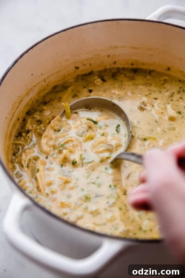 A bowl of creamy white chicken chili with a side of tortilla chips