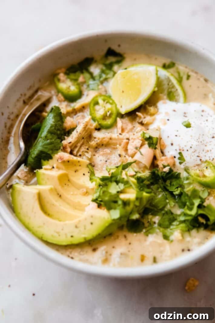 A top-down view of the white chicken chili, inviting to be eaten