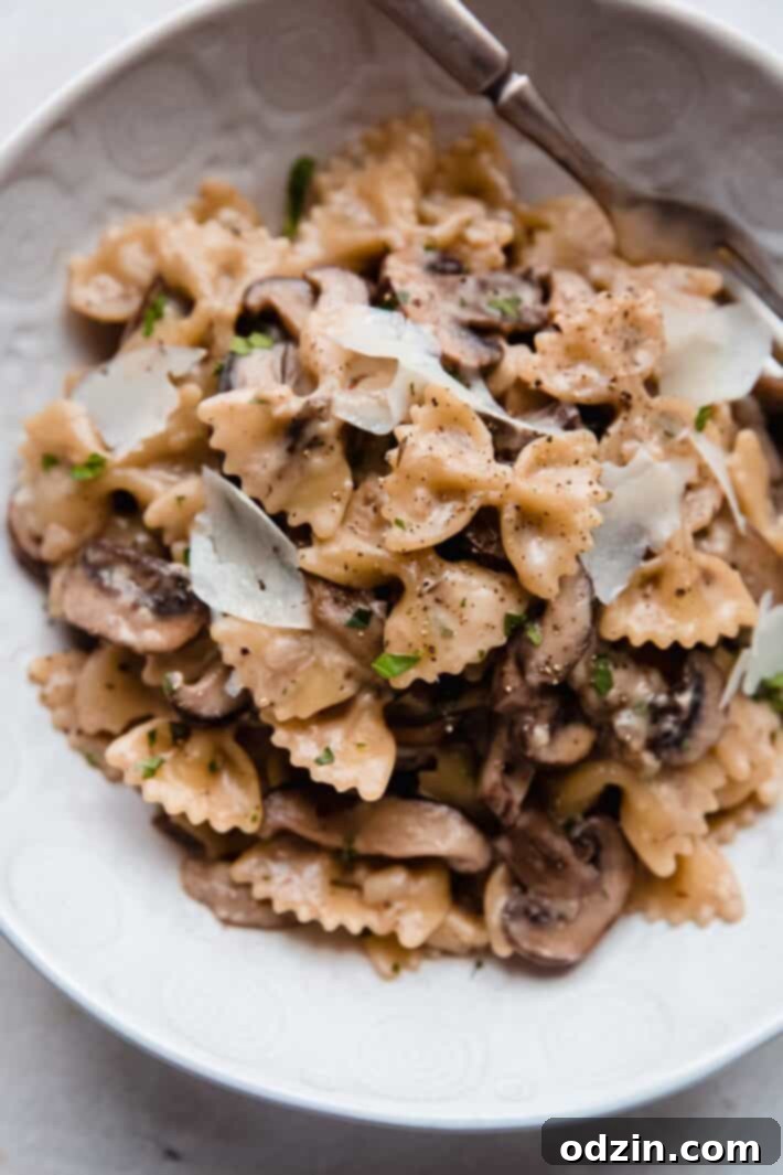 mushroom pasta in bowl with shaved parmesan on top