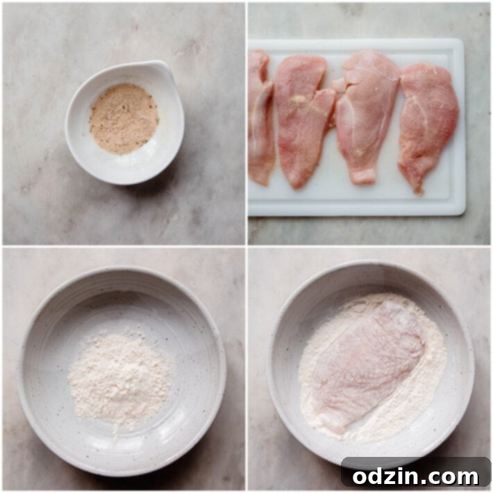 Detailed process of seasoning and flour-dredging chicken breasts before cooking