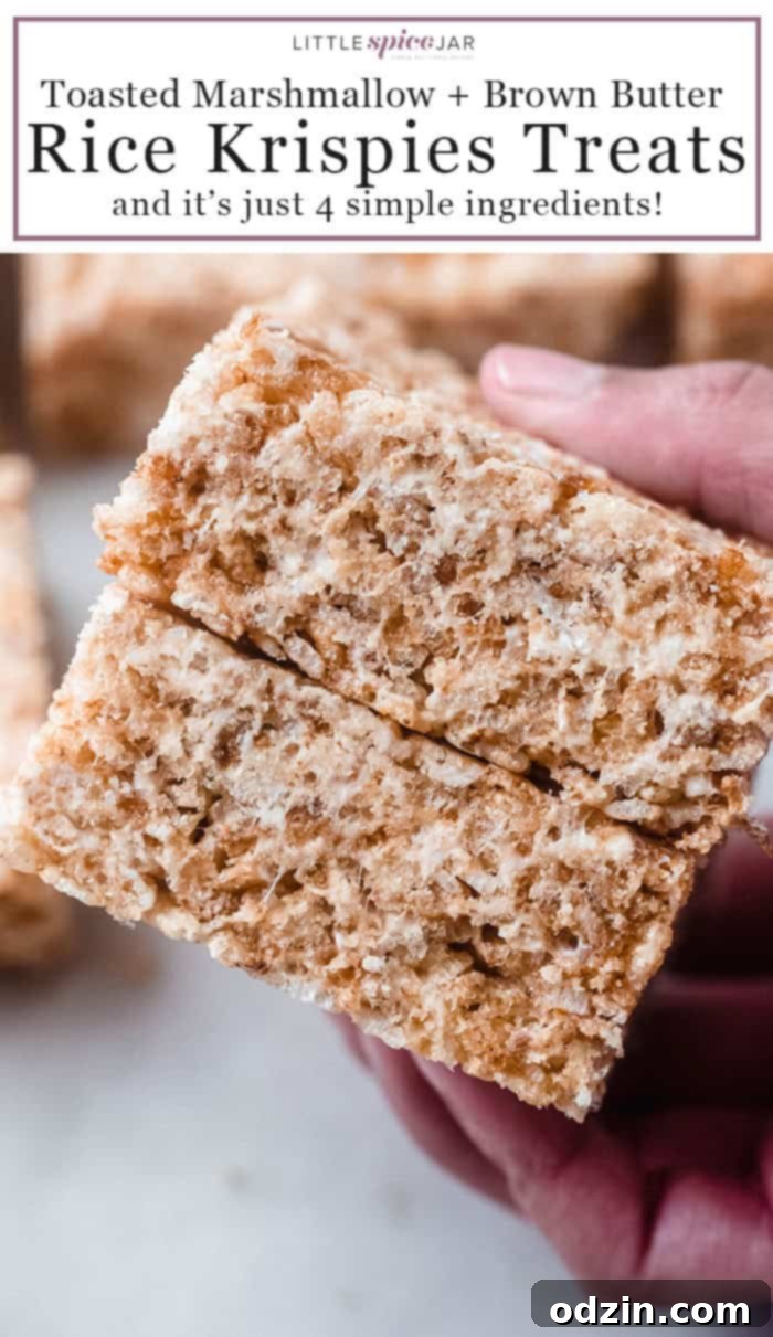 Pinterest image for Toasted Marshmallow Brown Butter Rice Krispies Treats recipe.