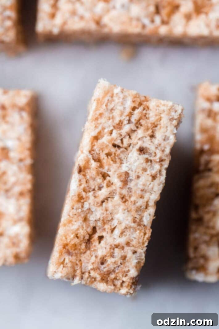 Golden Brown Butter Toasted Marshmallow Krispie Treats 9 Side shot showing the delectable texture of a Rice Krispies Treat with melty marshmallow and crushed toasted cereal.