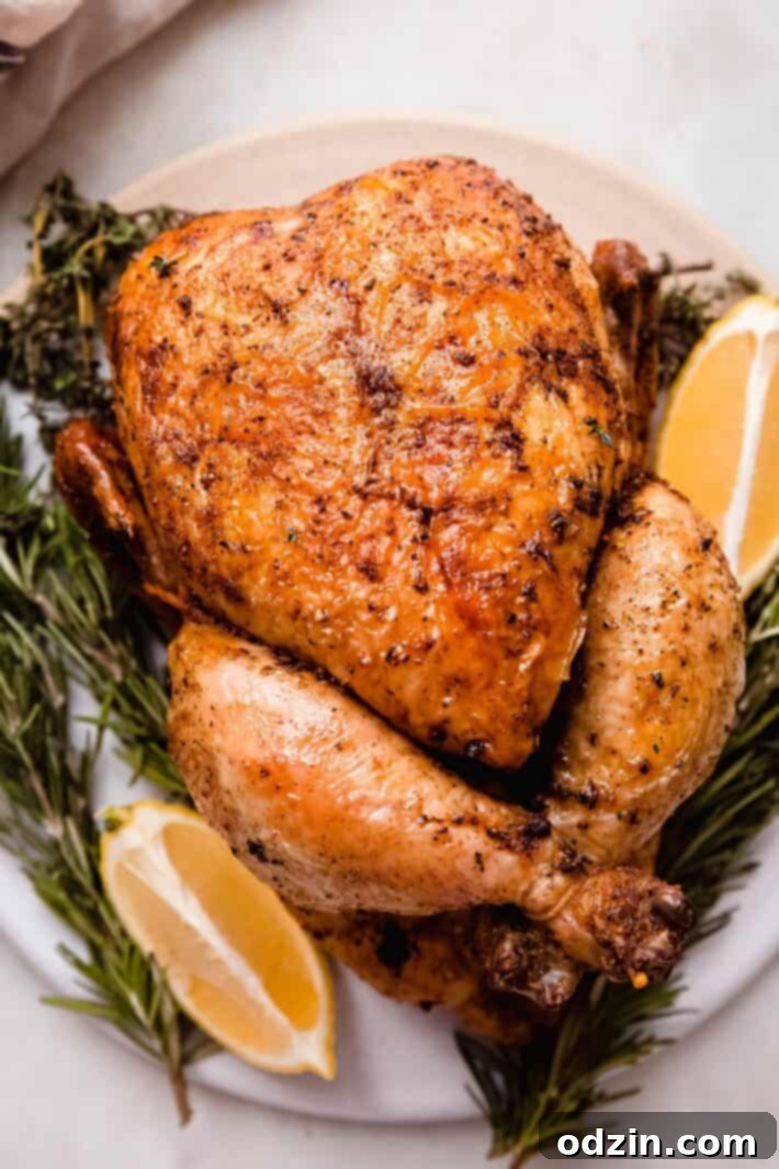 close up of oven rotisserie chicken on board with rosemary and lemon wedges