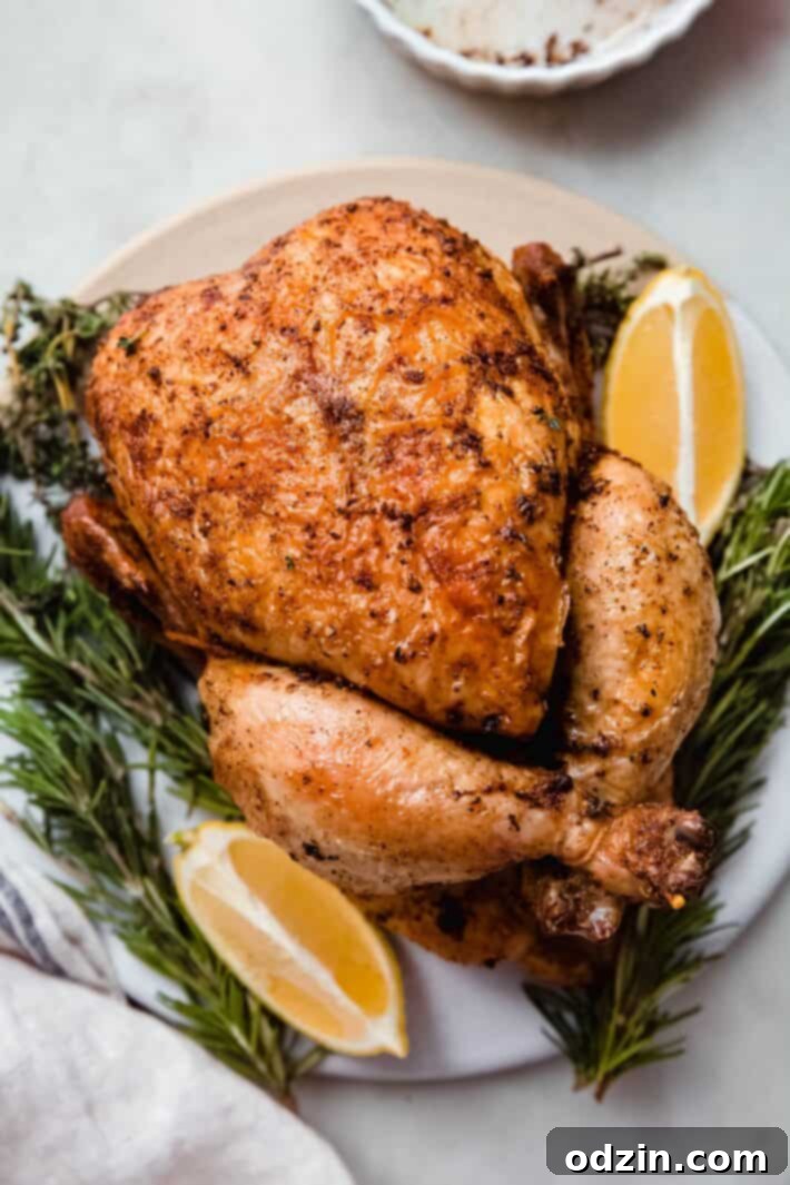 prepared roasted chicken surrounded by herbs and lemon wedges