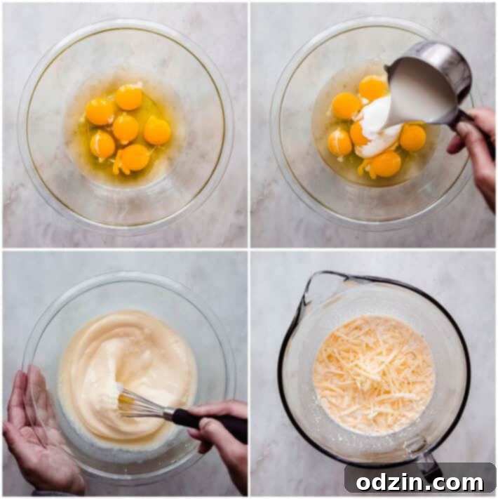 The process of preparing the egg and cream custard for quiche, showing a bowl with whisked eggs and cream.