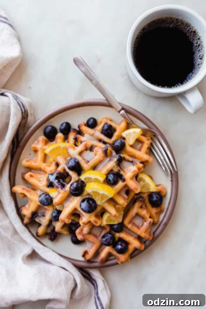 plateful of waffles with lemon wedges and blueberries on white marble with fork and coffee